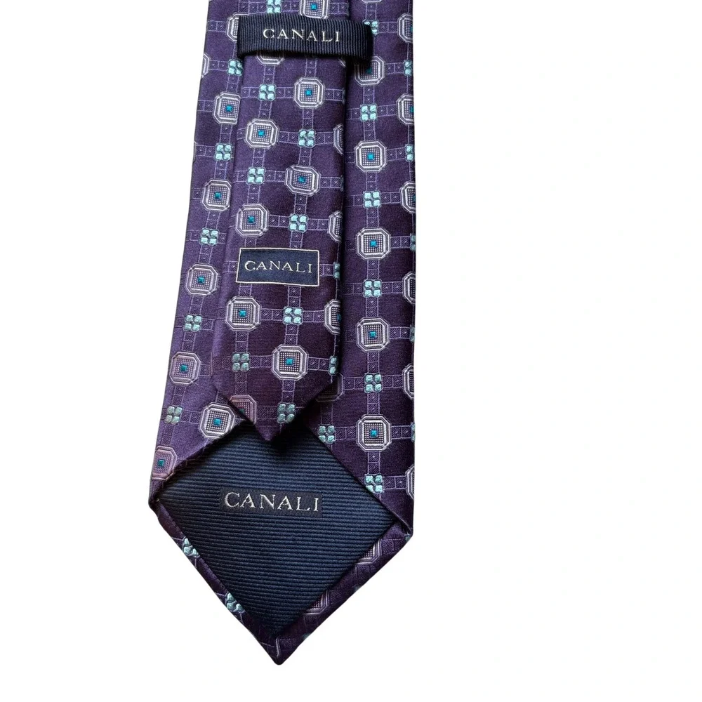 Canali Silk‎ Necktie Mens One Size Purple Geometric Medallion Made in Italy